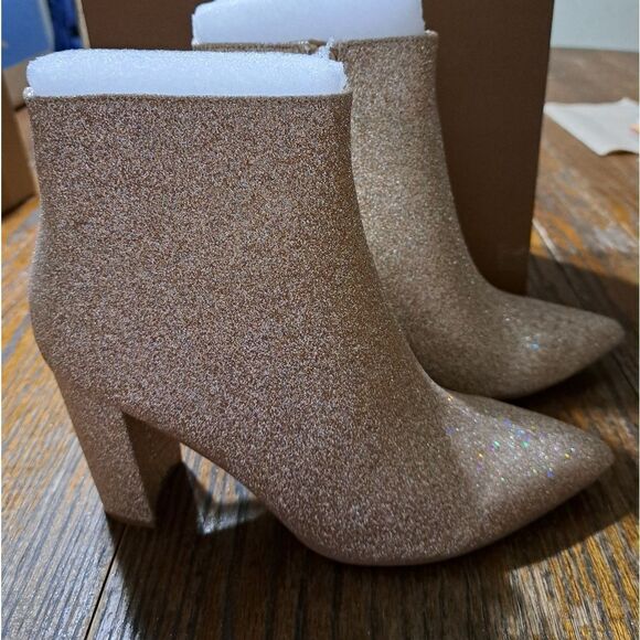 Size 7 Perphy Gold Metallic Glitter Pointed Toe Chunky Heel Ankle Boots Booties - Picture 7 of 10